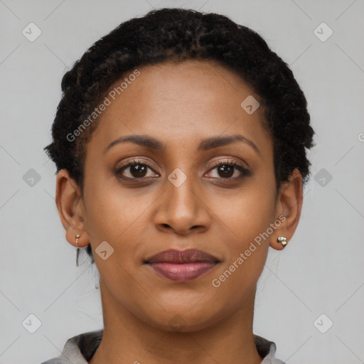 Joyful black young-adult female with short  brown hair and brown eyes