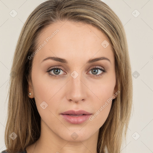 Neutral white young-adult female with long  brown hair and green eyes