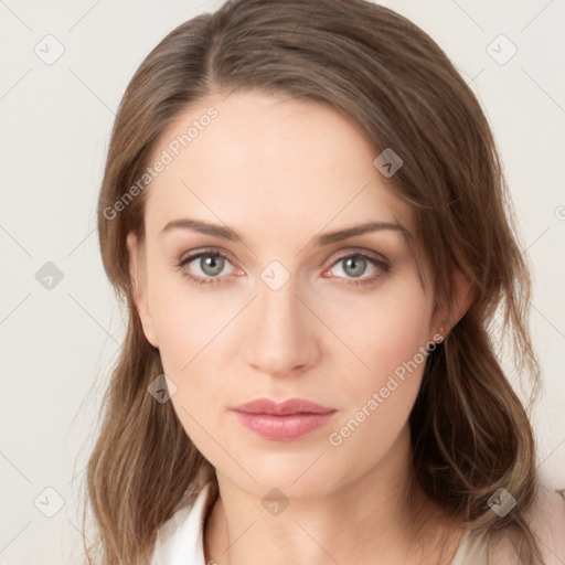 Neutral white young-adult female with medium  brown hair and grey eyes