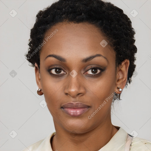 Neutral black young-adult female with short  black hair and brown eyes