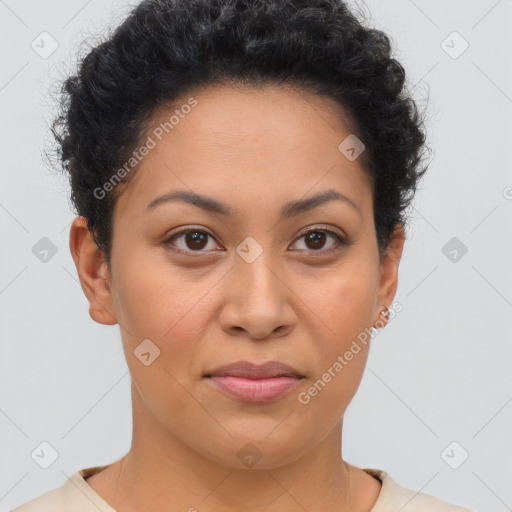 Joyful latino young-adult female with short  brown hair and brown eyes