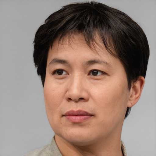 Joyful asian adult female with short  brown hair and brown eyes