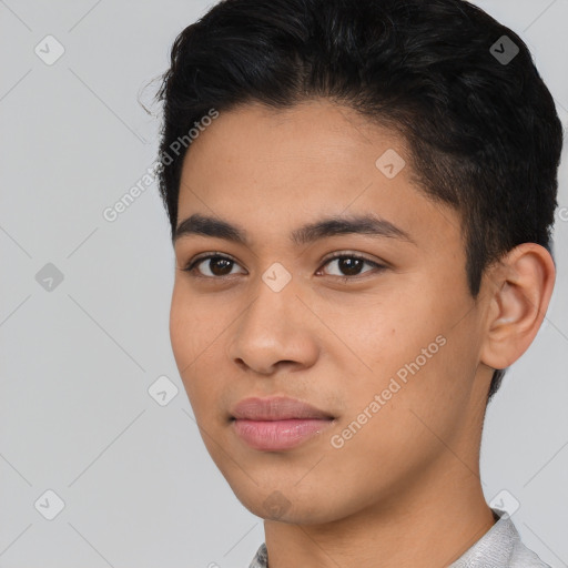 Neutral latino young-adult male with short  black hair and brown eyes