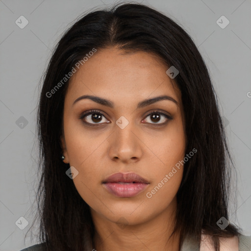 Neutral latino young-adult female with long  brown hair and brown eyes