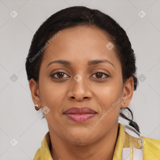 Joyful latino young-adult female with short  brown hair and brown eyes