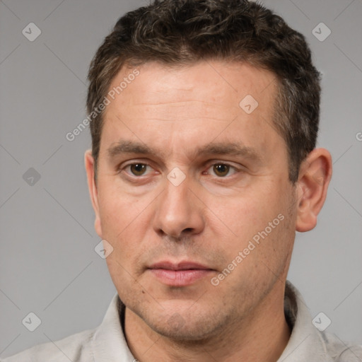 Neutral white adult male with short  brown hair and brown eyes