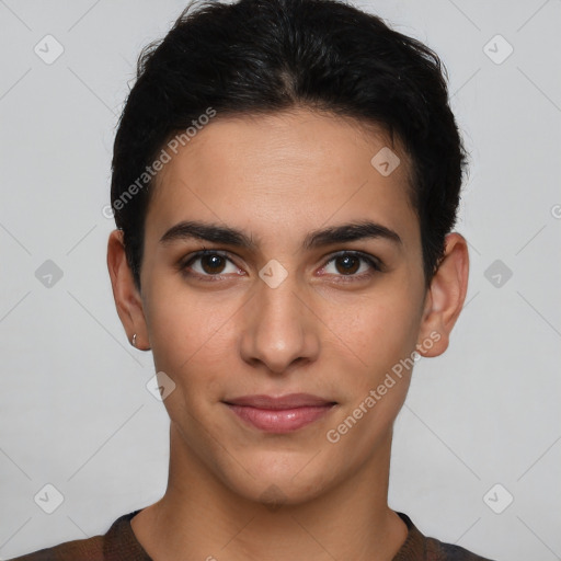 Joyful latino young-adult male with short  brown hair and brown eyes