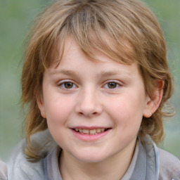 Joyful white child female with medium  brown hair and blue eyes