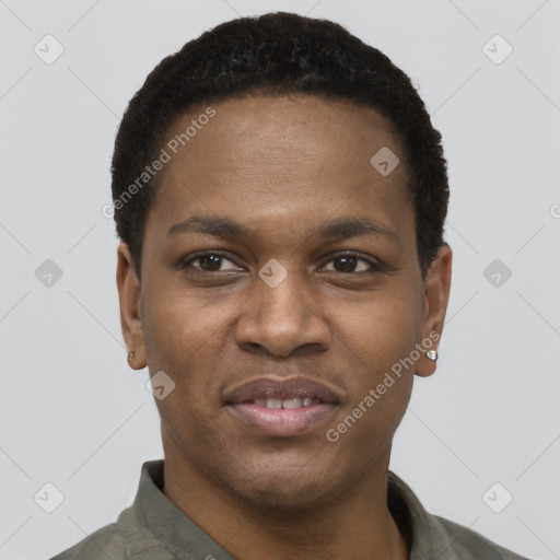 Joyful black young-adult male with short  black hair and brown eyes