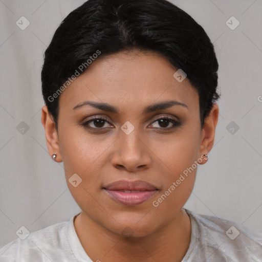 Joyful asian young-adult female with short  brown hair and brown eyes