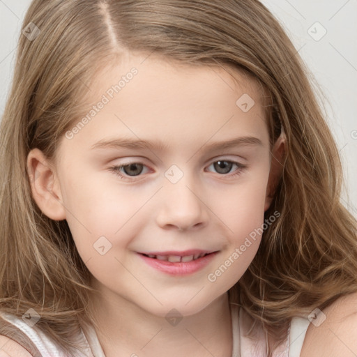 Joyful white child female with long  brown hair and grey eyes