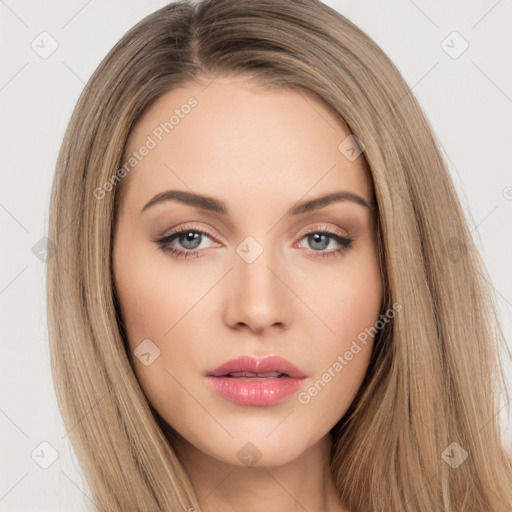 Neutral white young-adult female with long  brown hair and brown eyes