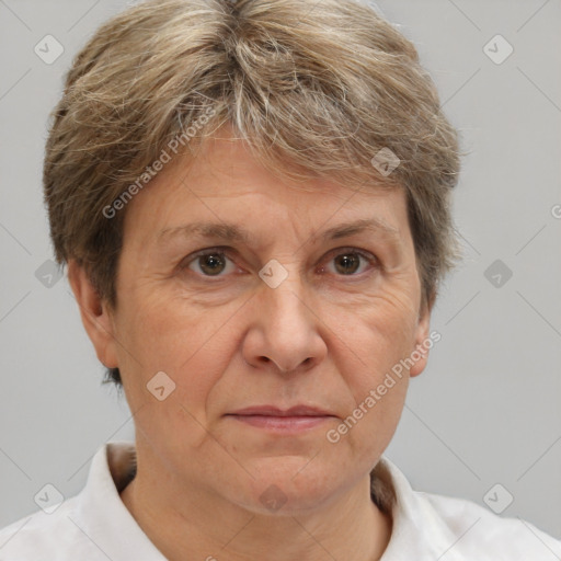 Joyful white middle-aged female with short  brown hair and brown eyes