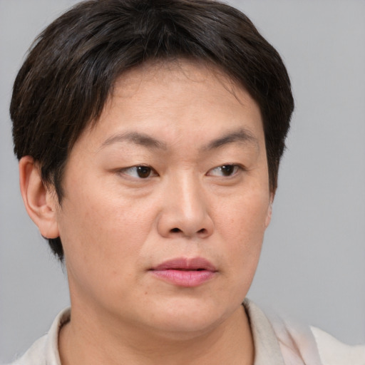 Neutral asian adult female with short  brown hair and brown eyes