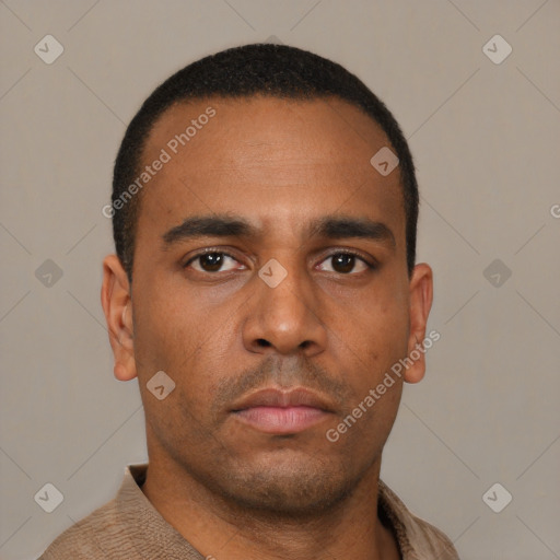Neutral latino young-adult male with short  black hair and brown eyes