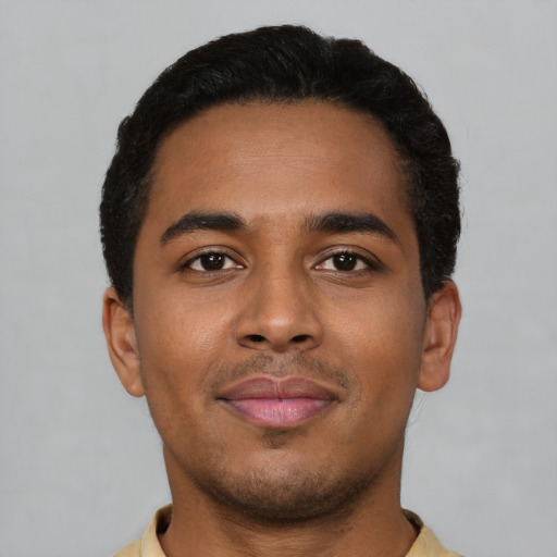 Neutral latino young-adult male with short  brown hair and brown eyes