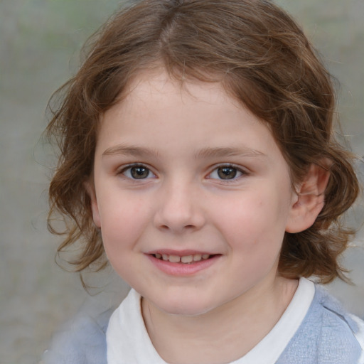 Joyful white child female with medium  brown hair and brown eyes