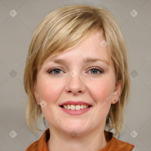 Joyful white young-adult female with medium  brown hair and blue eyes