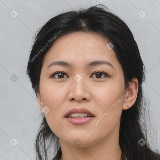 Joyful asian young-adult female with medium  brown hair and brown eyes