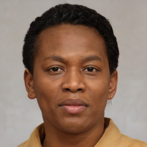 Neutral black young-adult female with short  brown hair and brown eyes