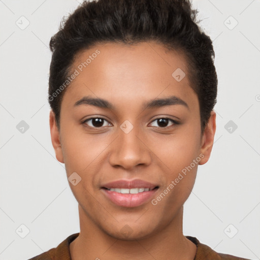 Joyful latino young-adult female with short  brown hair and brown eyes