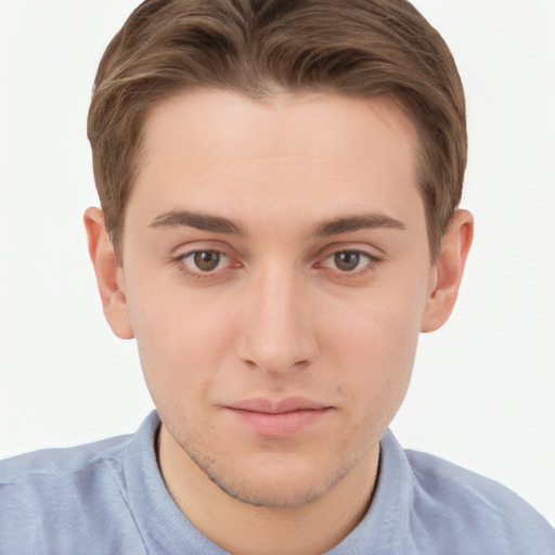 Neutral white young-adult male with short  brown hair and brown eyes