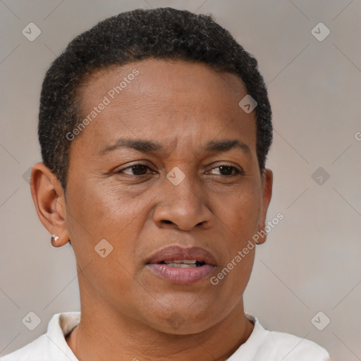 Neutral black adult male with short  brown hair and brown eyes