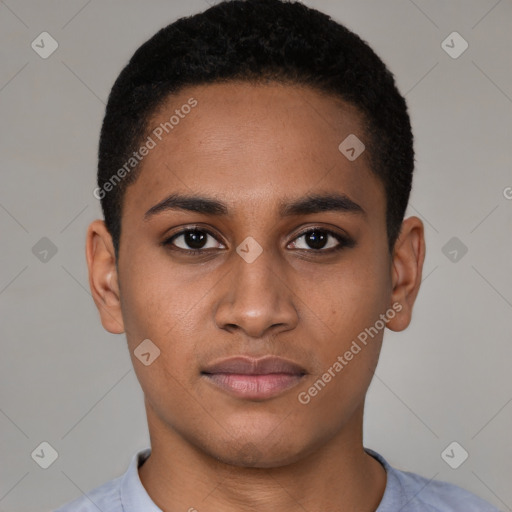 Joyful latino young-adult male with short  brown hair and brown eyes