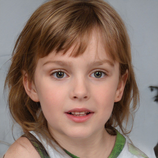 Neutral white child female with medium  brown hair and blue eyes