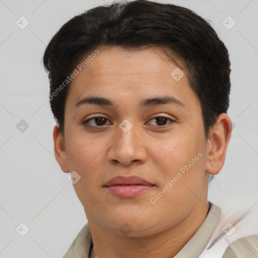 Joyful latino young-adult female with short  brown hair and brown eyes