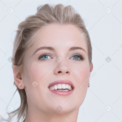 Joyful white young-adult female with medium  brown hair and blue eyes