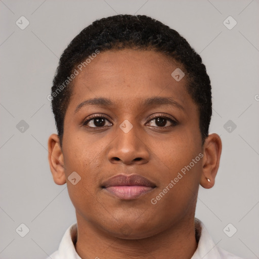 Neutral latino young-adult female with short  brown hair and brown eyes