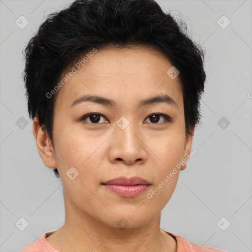 Joyful asian young-adult female with short  brown hair and brown eyes