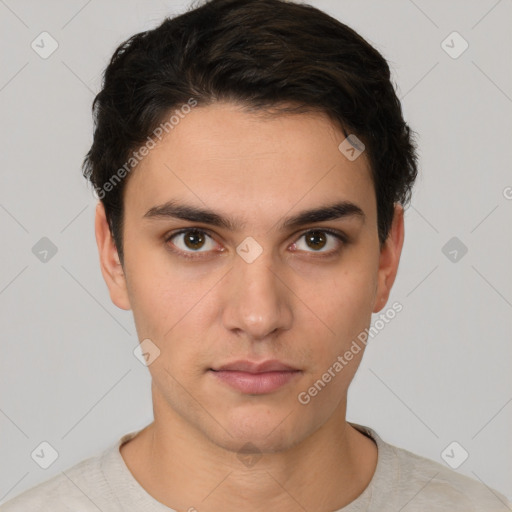 Neutral white young-adult male with short  brown hair and brown eyes