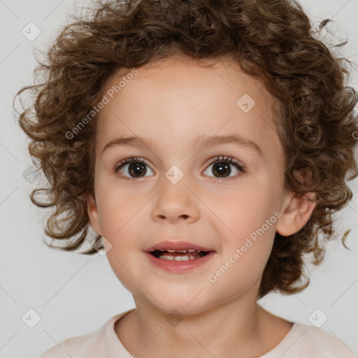 Joyful white child female with medium  brown hair and brown eyes