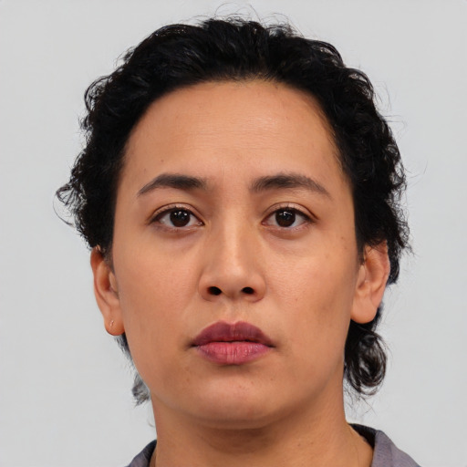 Neutral asian young-adult female with short  brown hair and brown eyes