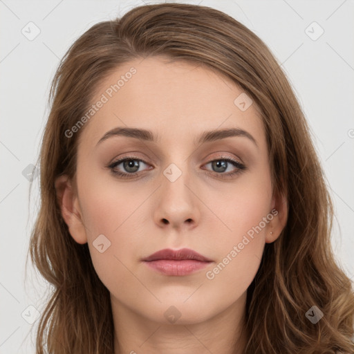 Neutral white young-adult female with long  brown hair and grey eyes