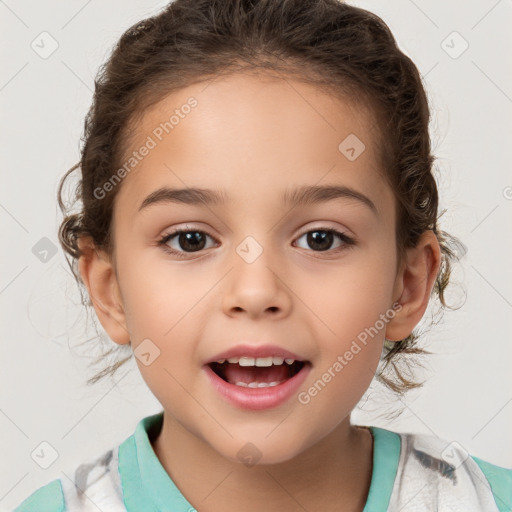 Joyful white child female with medium  brown hair and brown eyes