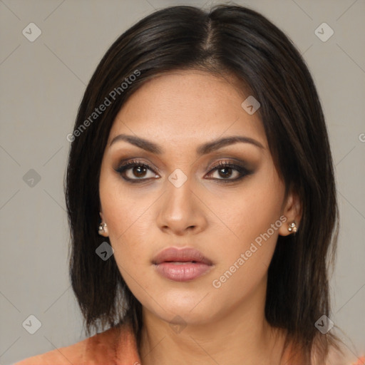 Neutral asian young-adult female with medium  brown hair and brown eyes