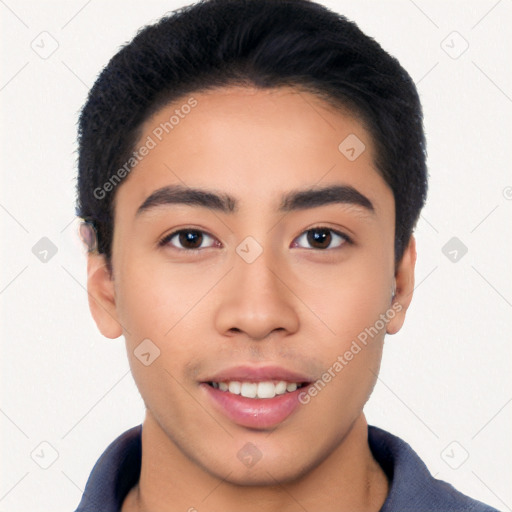 Neutral latino young-adult male with short  black hair and brown eyes