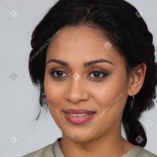 Joyful latino young-adult female with medium  brown hair and brown eyes