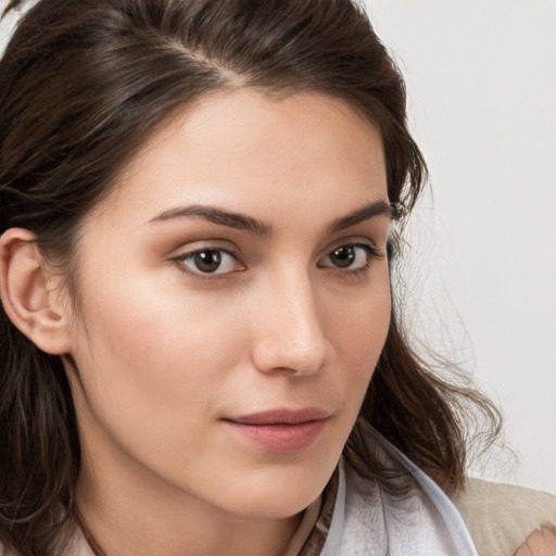 Neutral white young-adult female with medium  brown hair and brown eyes