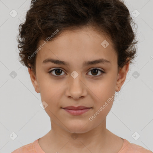 Joyful white child female with short  brown hair and brown eyes