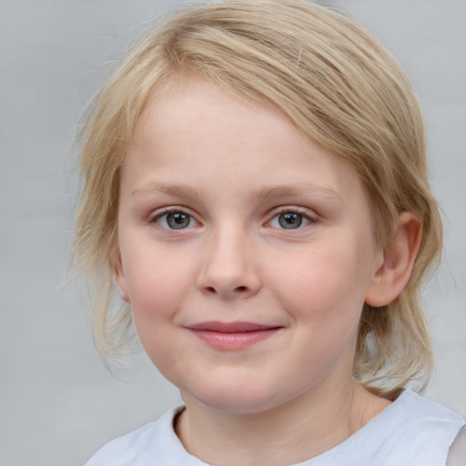 Joyful white child female with medium  brown hair and blue eyes