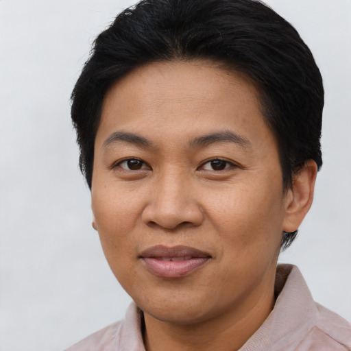 Joyful asian adult female with short  brown hair and brown eyes