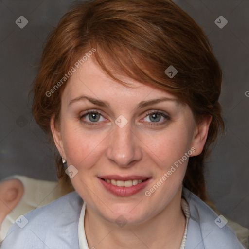 Joyful white young-adult female with medium  brown hair and blue eyes