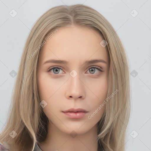 Neutral white young-adult female with long  brown hair and grey eyes