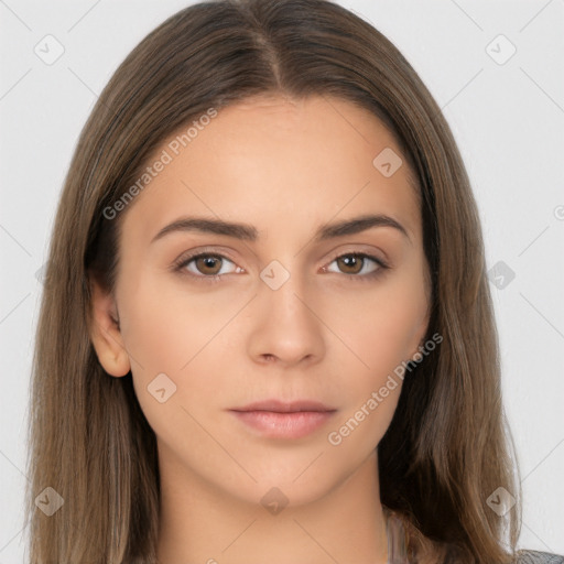 Neutral white young-adult female with long  brown hair and brown eyes