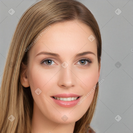 Joyful white young-adult female with long  brown hair and grey eyes