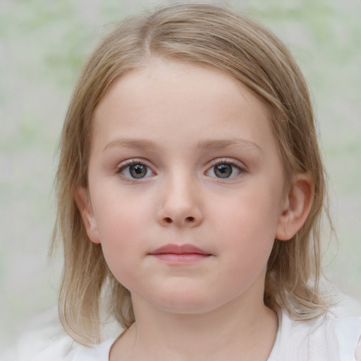 Neutral white child female with medium  brown hair and blue eyes